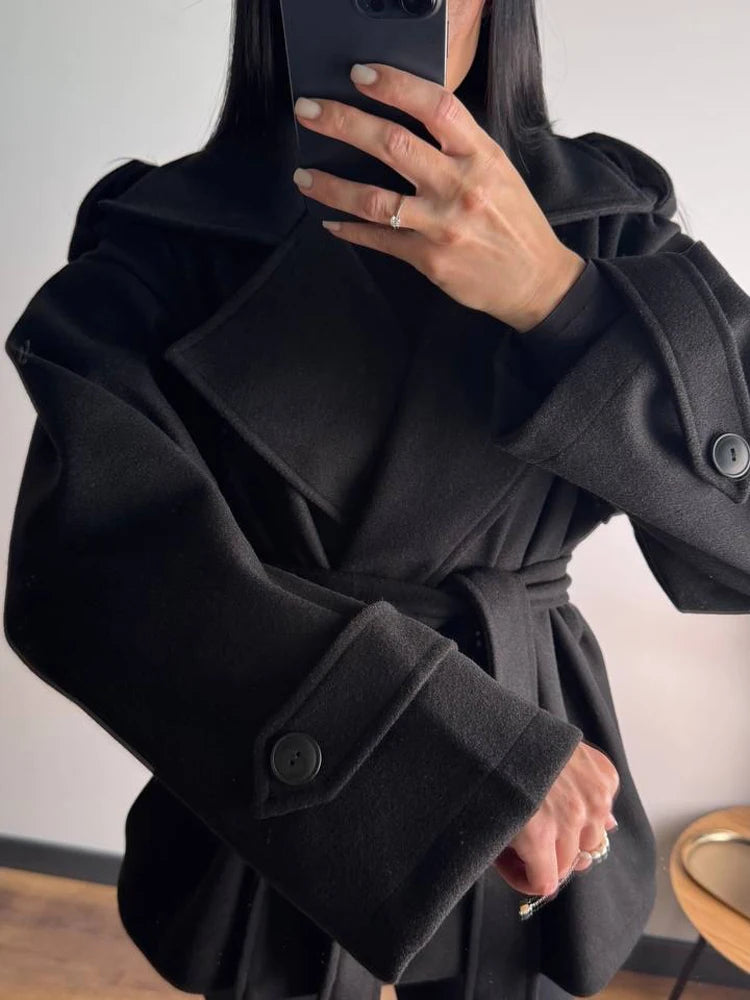 Women's Short Wool Blend Belted Trench Coat – Loose Casual Winter Jacket