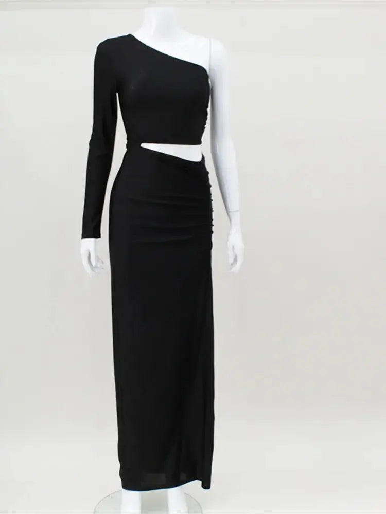 Women's One Shoulder Ruche Maxi Dress – Elegant Party Prom Gown