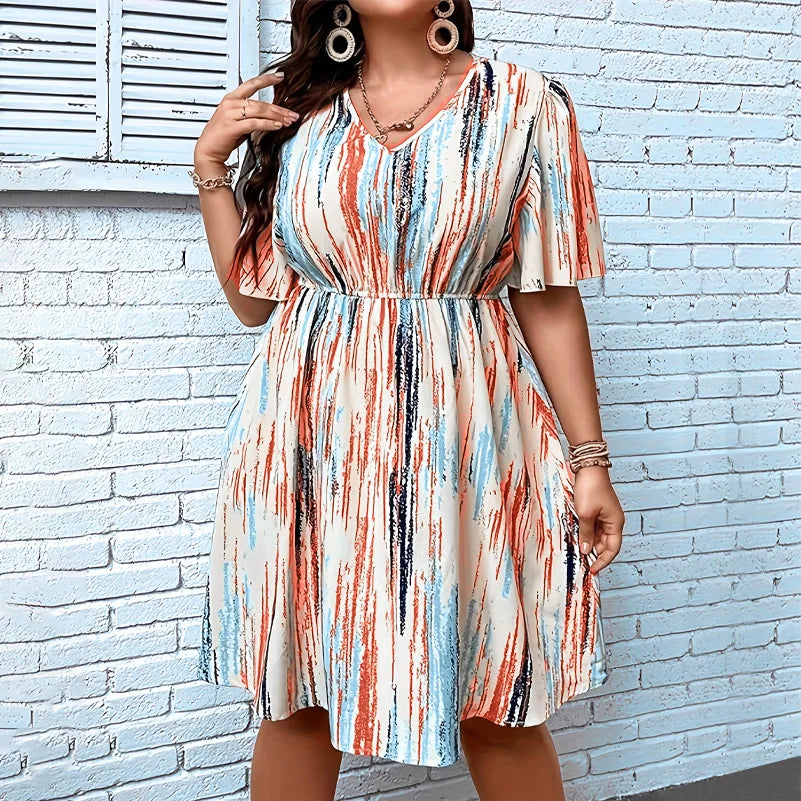 Women's Plus Size Striped V-Neck Dress – Casual Elastic Waist Resort Dress