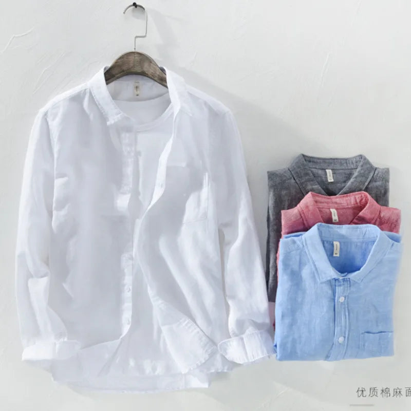 white Men's cotton linen long sleeve button-down shirt with multiple color option
