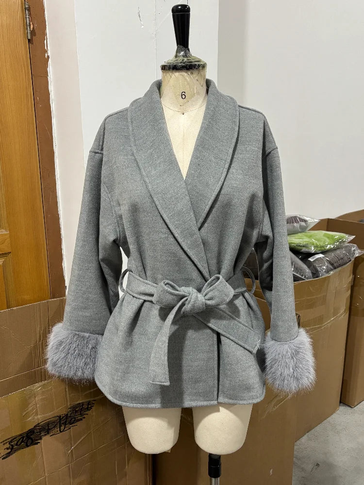 Women's Short Wool Blend Belted Trench Coat – Loose Casual Winter Jacket