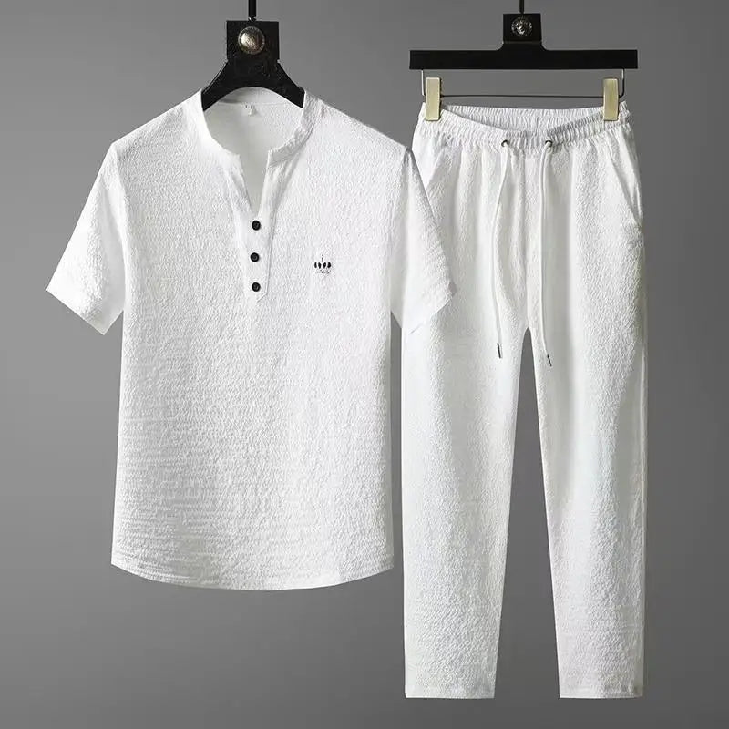Men's Business Casual Shirt & Trouser Set – Smart V-Neck Short Sleeve Outfit (M–4XL)