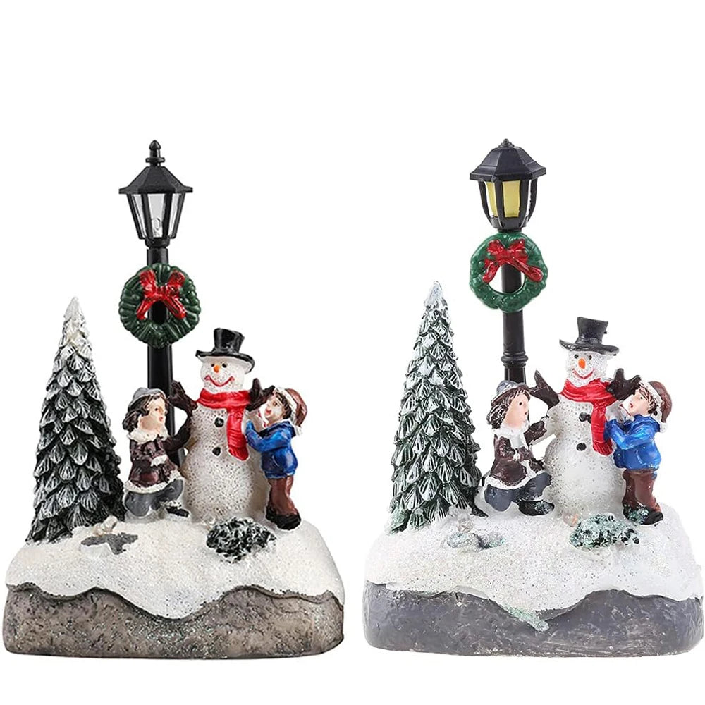Christmas Village Scene LED Resin Ornament – Snowman Street Lamp Holiday Figurine