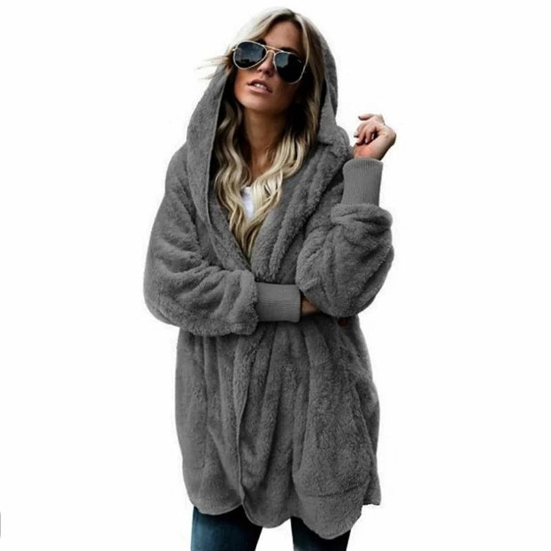 Women's Double Fleece Hooded Cardigan Jacket – Warm Oversized Coat