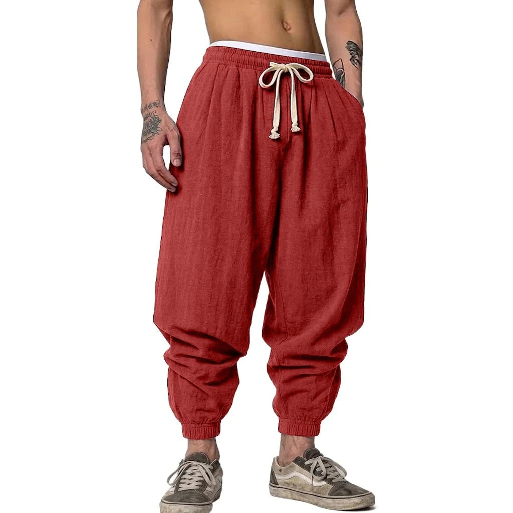 Men's Linen Harem Drawstring Trousers – Baggy Sweatpants for Yoga & Daily Commute