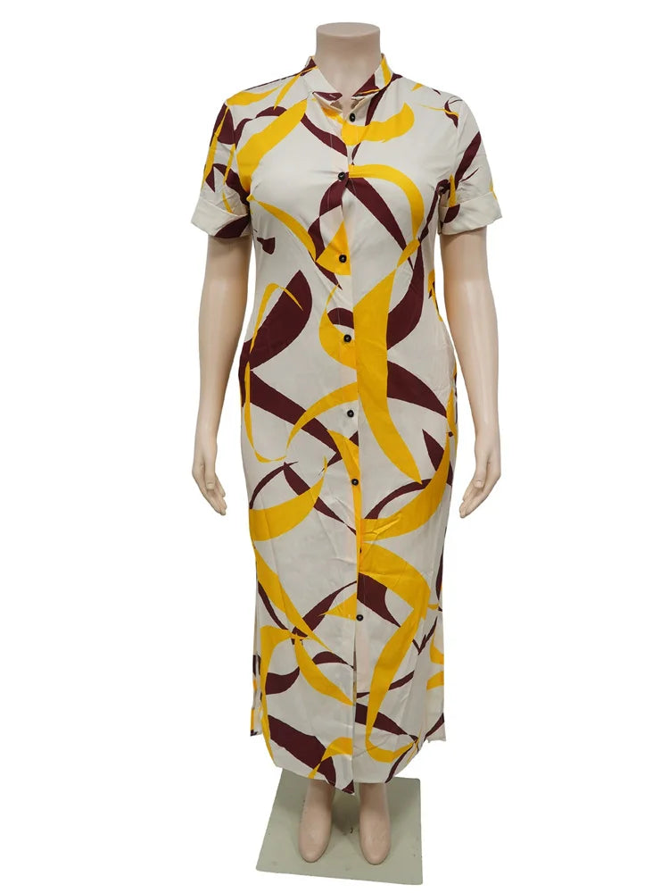 Women's Plus Size Printed Maxi Dress – Bodycon Button Party Dress