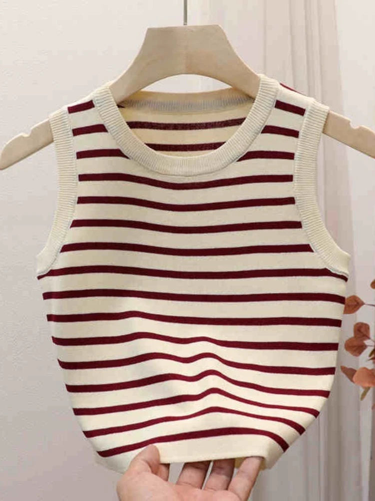 Women's Striped Ice Silk Knit Crop Top – Slim Fit Sleeveless Camisole