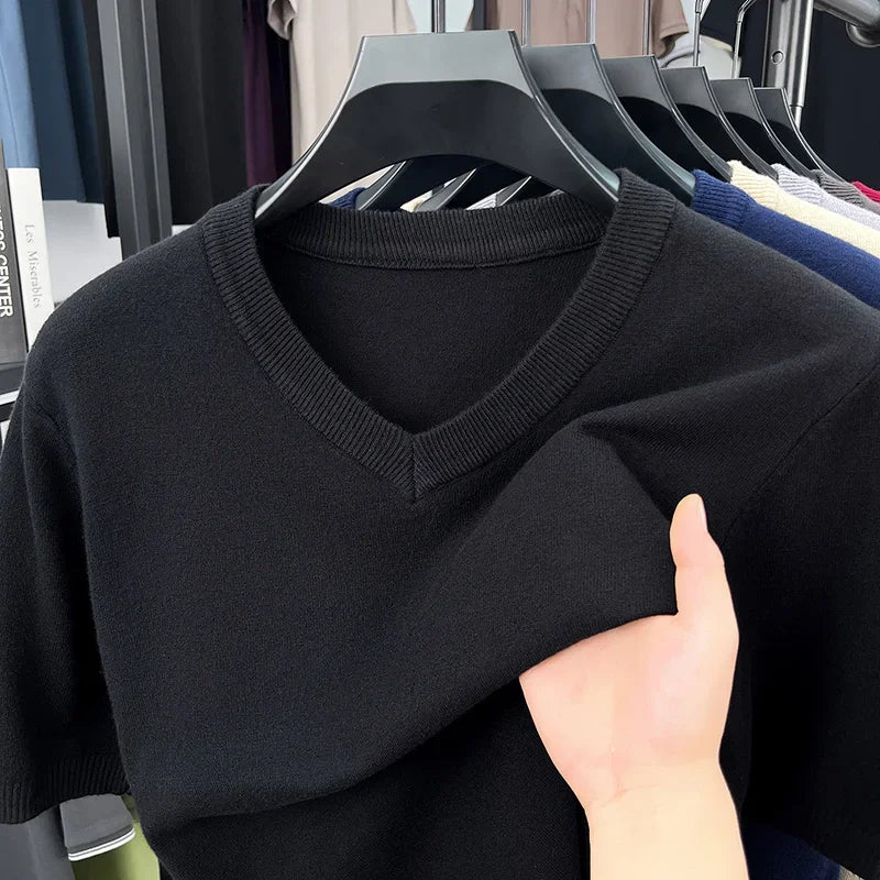 Men's V-Neck Knit Pullover – Soft Thin Short Sleeve Sweater for Business & Casual Wear (M–4XL)