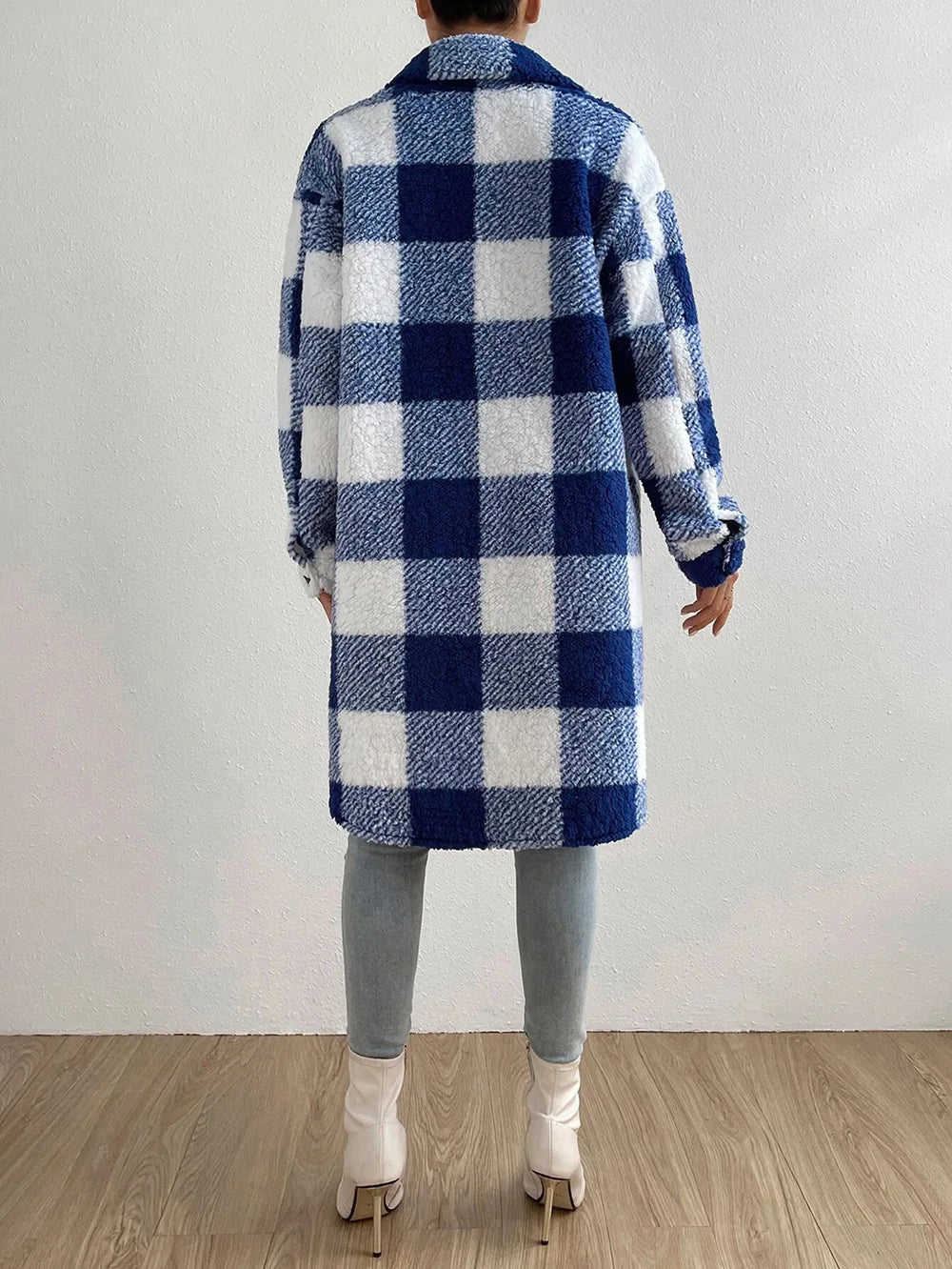 Women's Long Plaid Fleece Trench Coat – Oversized Button Pocket Winter Coat