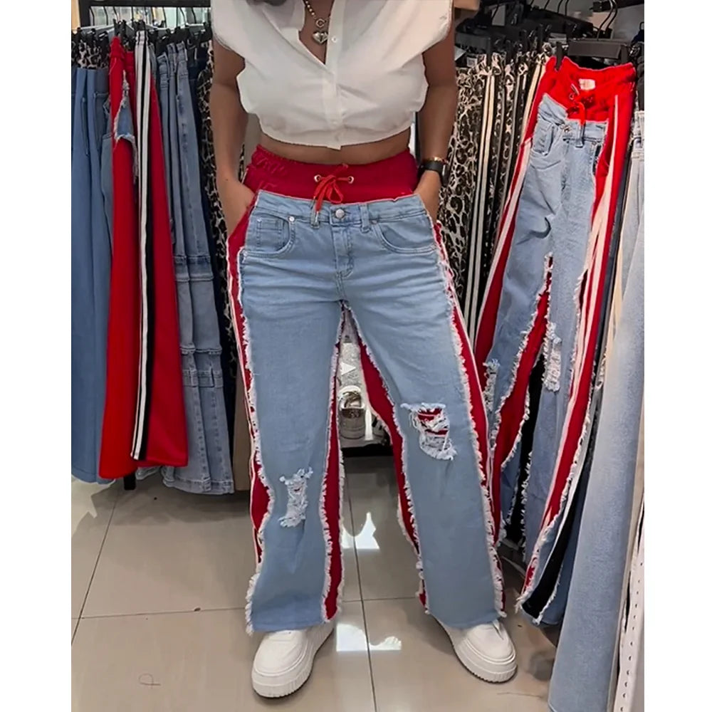 Women's High Waist Ripped Color block Wide Leg Jeans – Streetwear Denim