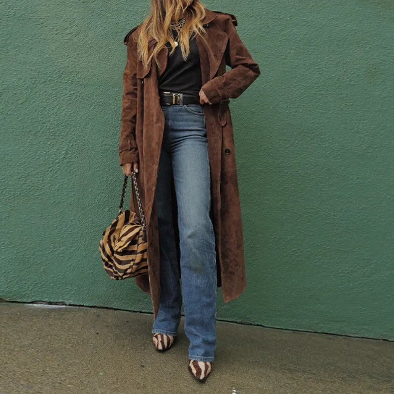 Women's Vintage Suede Belted Trench Coat – Retro Windbreaker Outerwear