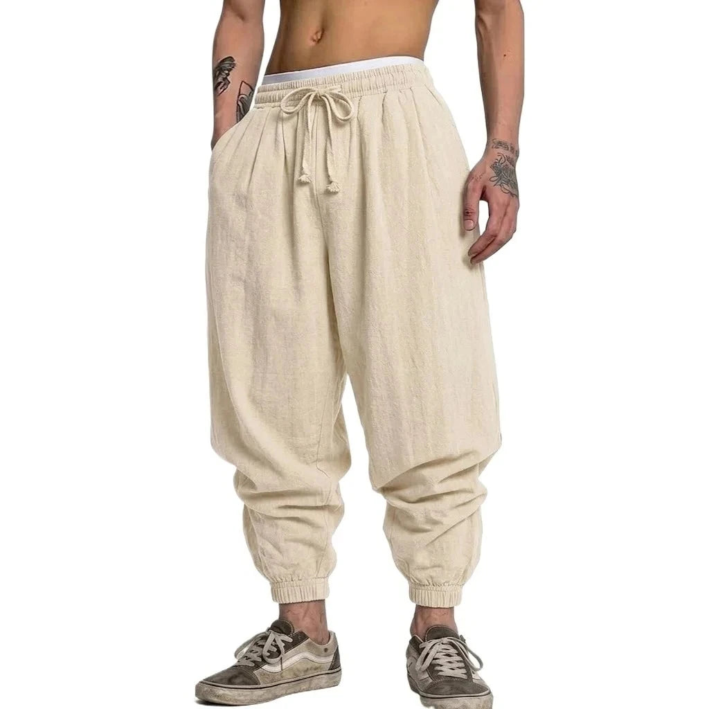 Men's Linen Harem Drawstring Trousers – Baggy Sweatpants for Yoga & Daily Commute
