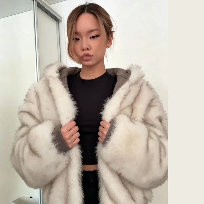 Women's Reversible Faux Fur Hooded Puffer Coat – Oversized Batwing Winter Jacket