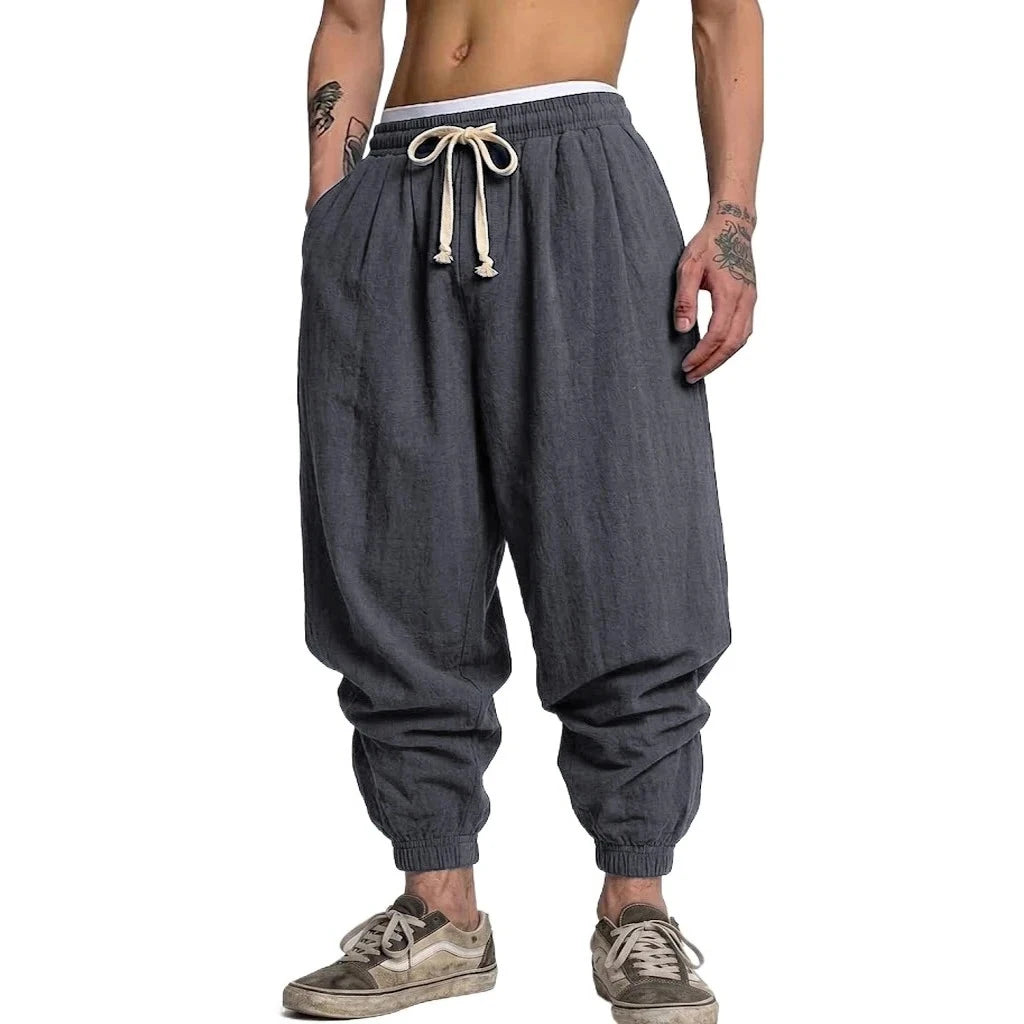 Men's Linen Harem Drawstring Trousers – Baggy Sweatpants for Yoga & Daily Commute