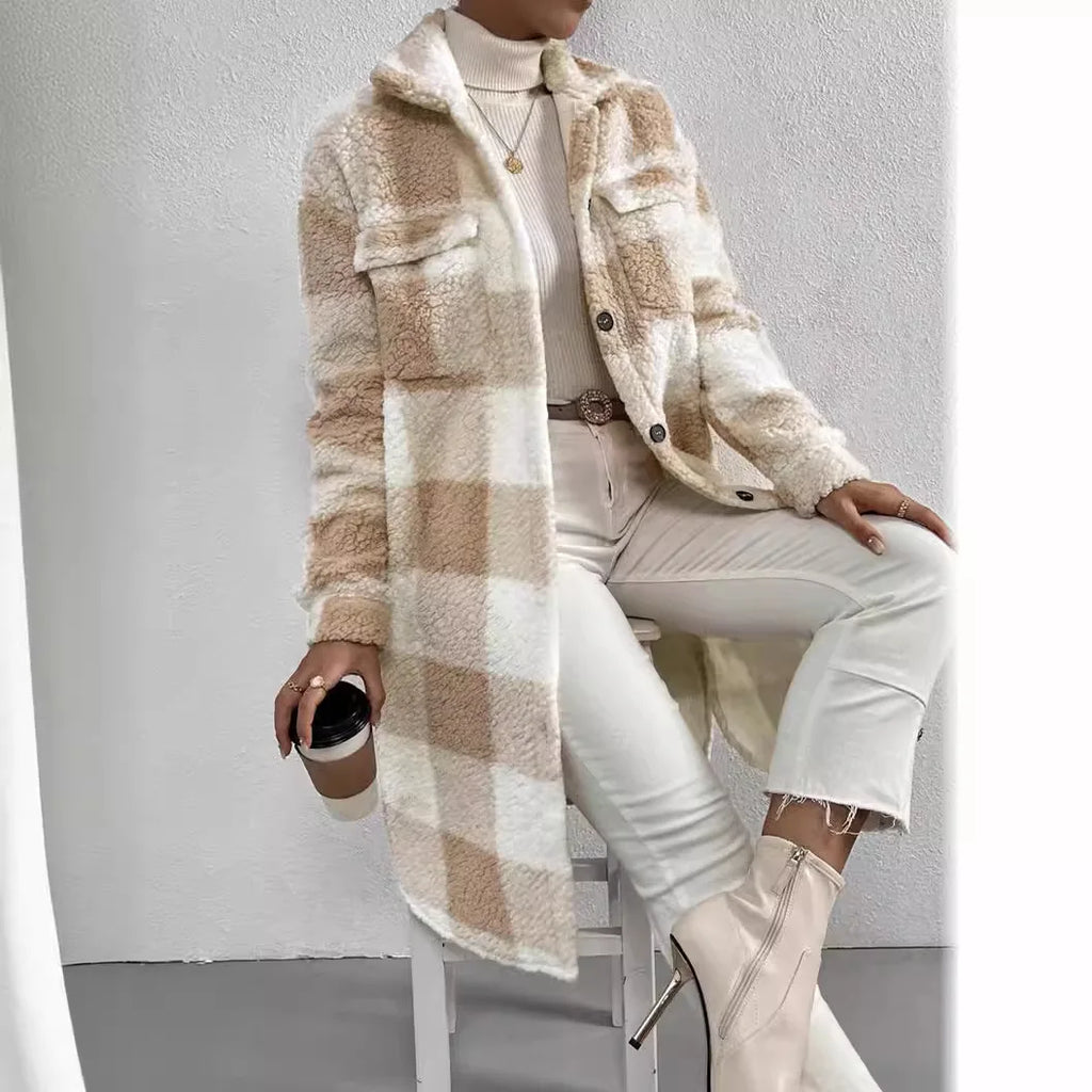 Women's Long Plaid Fleece Trench Coat – Oversized Button Pocket Winter Coat