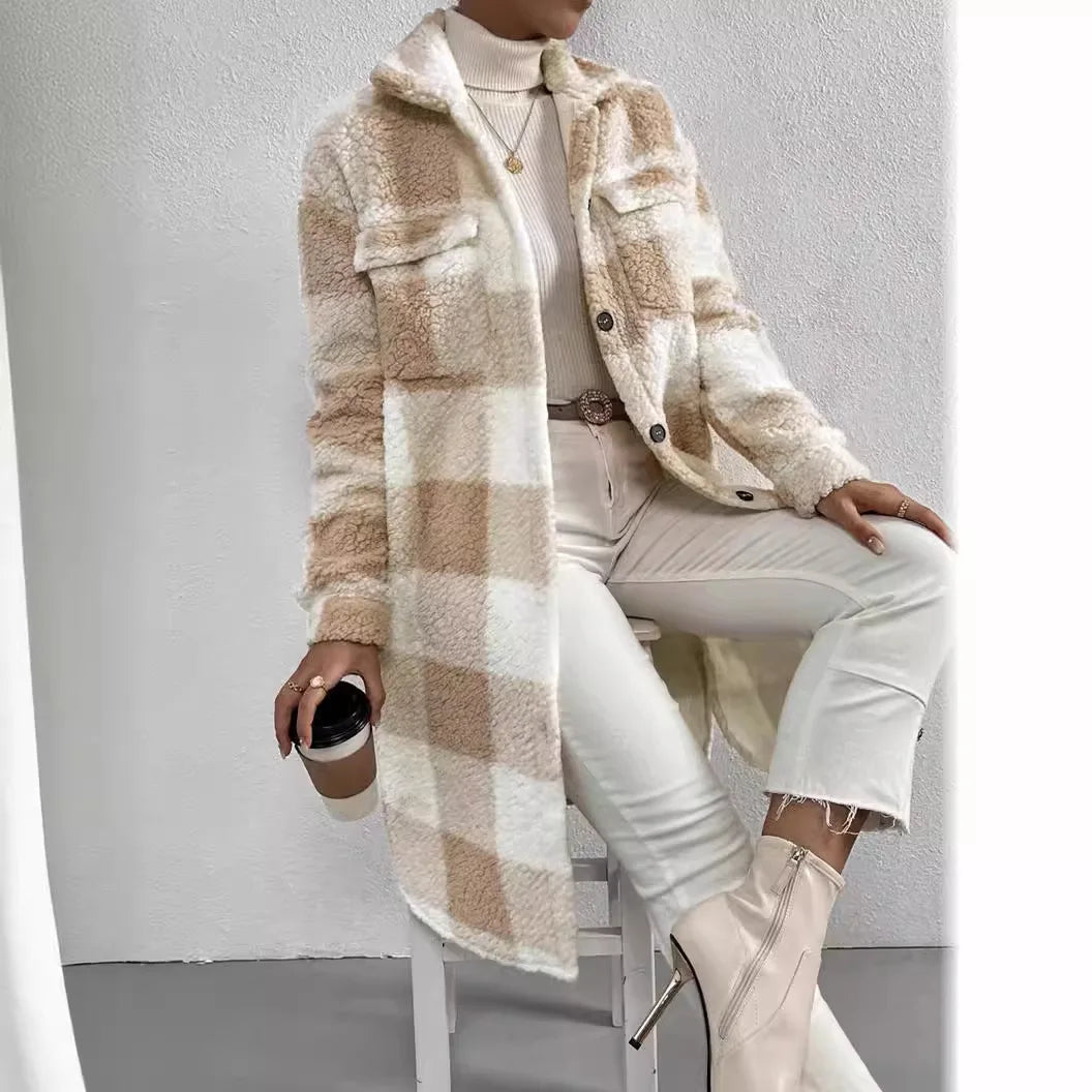 Women's Long Plaid Fleece Trench Coat – Oversized Button Pocket Winter Coat