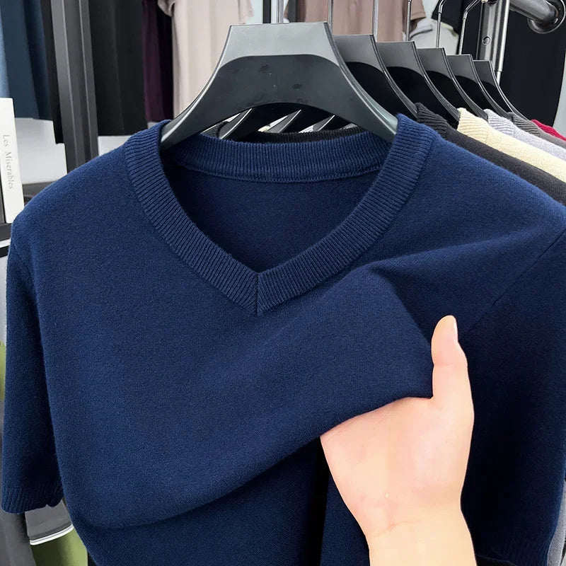 Men's V-Neck Knit Pullover – Soft Thin Short Sleeve Sweater for Business & Casual Wear (M–4XL)