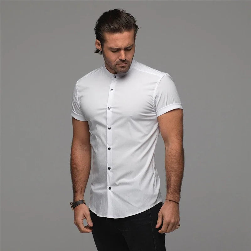 Men's Slim Fit Short Sleeve Dress Shirt – Broadcloth Stand Collar for Business, Gym & Casual Wear (M–XXL)