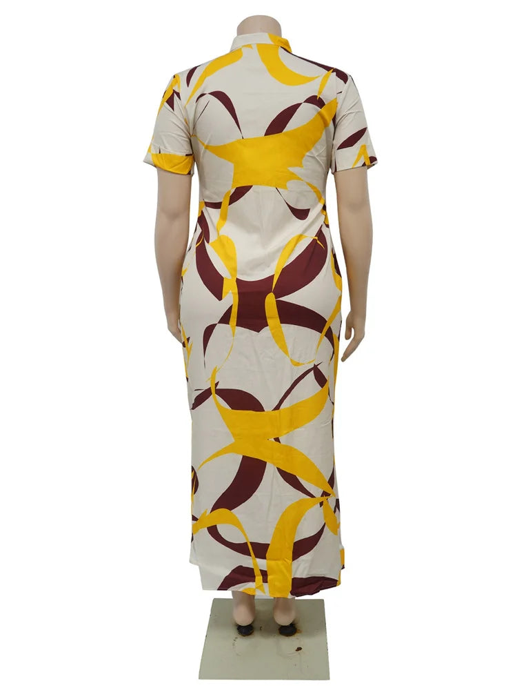 Women's Plus Size Printed Maxi Dress – Bodycon Button Party Dress
