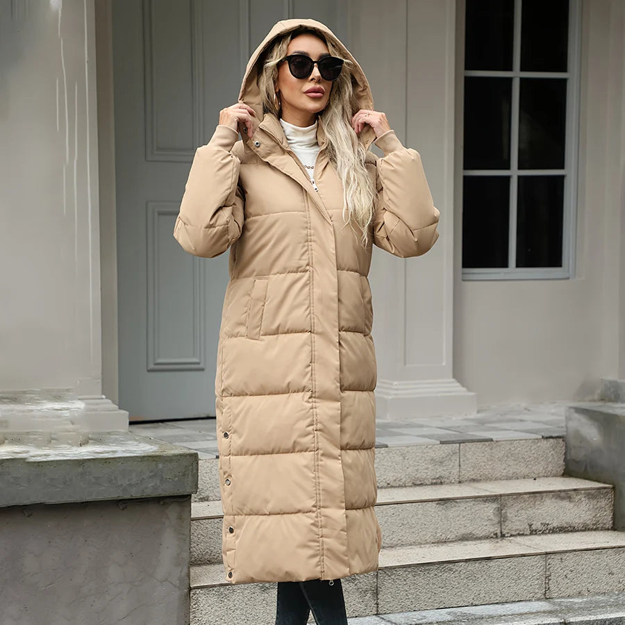 Women's Hooded Long Zip Coat – Elegant Full-Zip Winter Outerwear