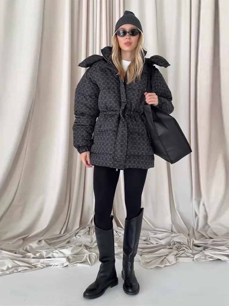 Women's Printed Hooded Down Jacket – Slim Thicken Quilted Winter Coat