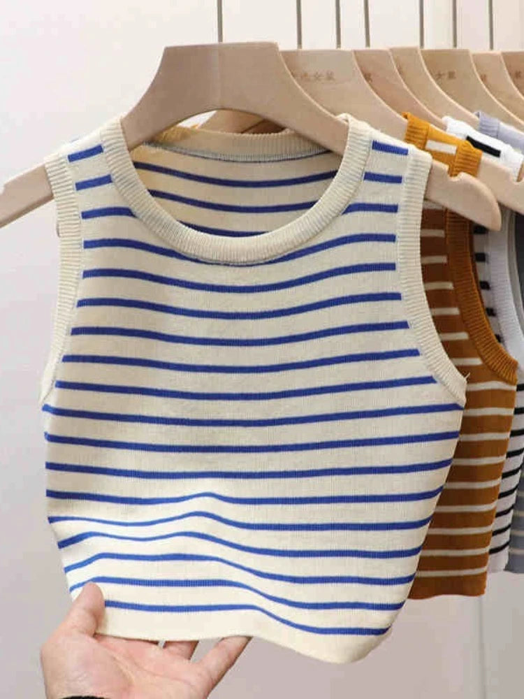 Women's Striped Ice Silk Knit Crop Top – Slim Fit Sleeveless Camisole