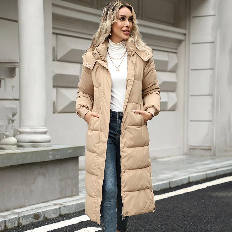 Women's Hooded Long Zip Coat – Elegant Full-Zip Winter Outerwear