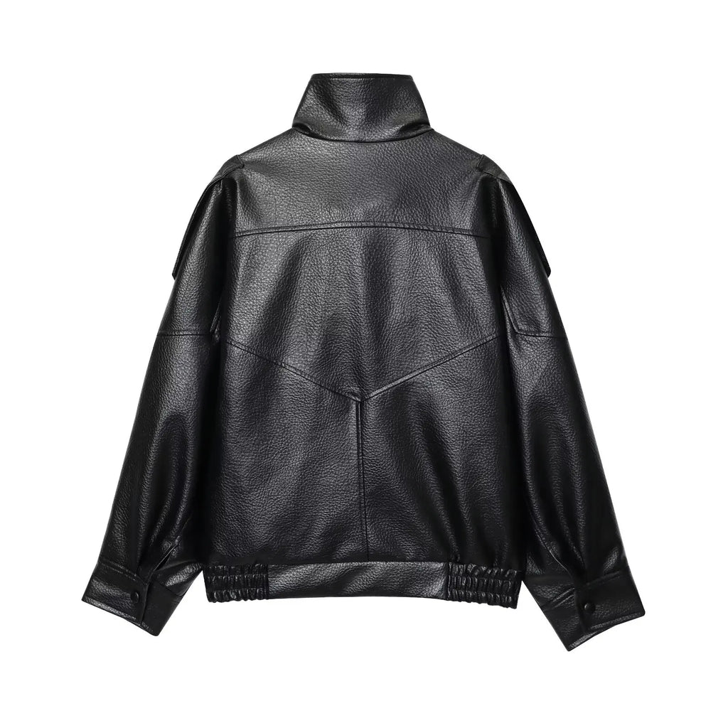 Women's Faux Leather Jacket-Long sleeve