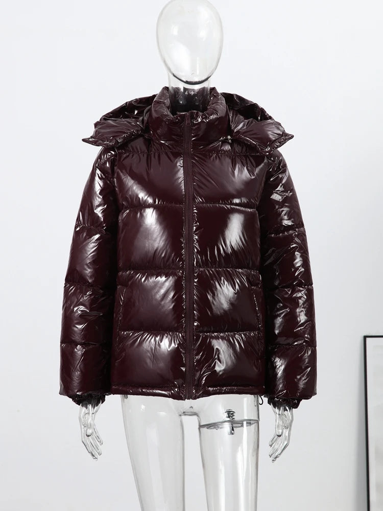 Women's Glossy Hooded Padded Coat – Loose Zip Winter Outwear