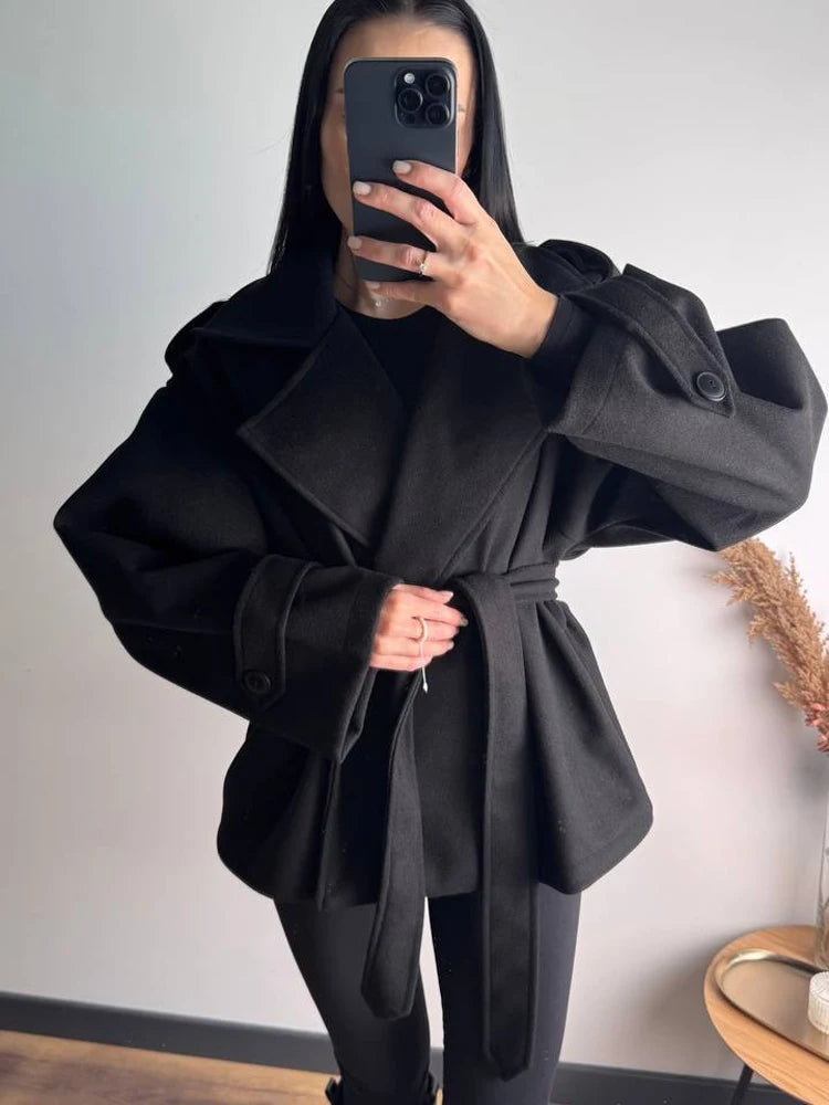 Women's Short Wool Blend Belted Trench Coat – Loose Casual Winter Jacket