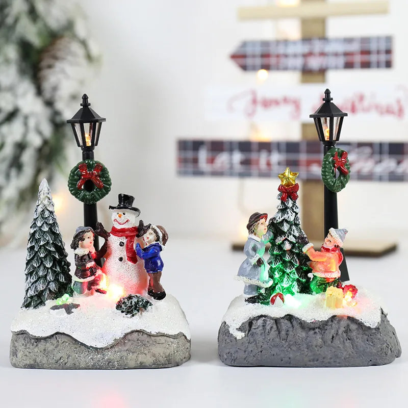 Christmas Village Scene LED Resin Ornament – Snowman Street Lamp Holiday Figurine