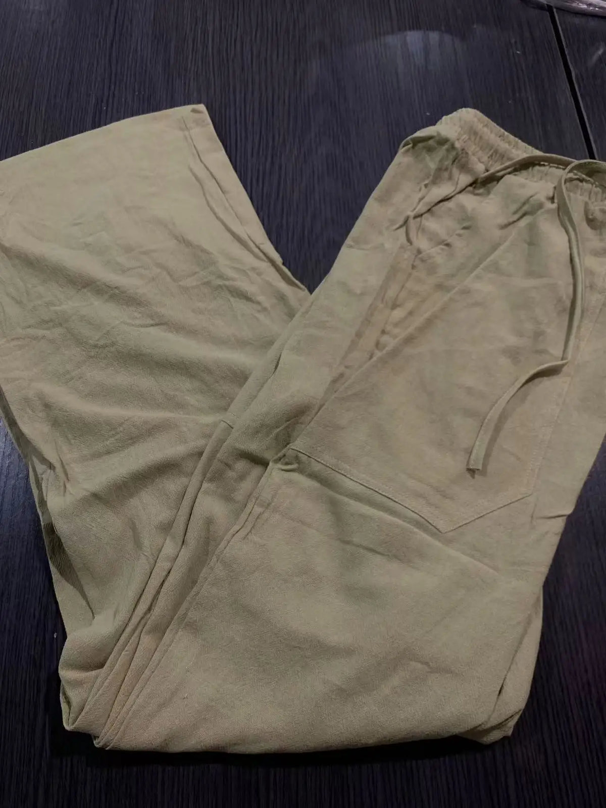 Men's Linen-Loose Straight Leg Cotton Linen Drawstring Trousers
