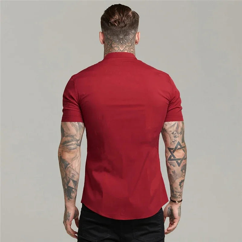 Men's Slim Fit Short Sleeve Dress Shirt – Broadcloth Stand Collar for Business, Gym & Casual Wear (M–XXL)
