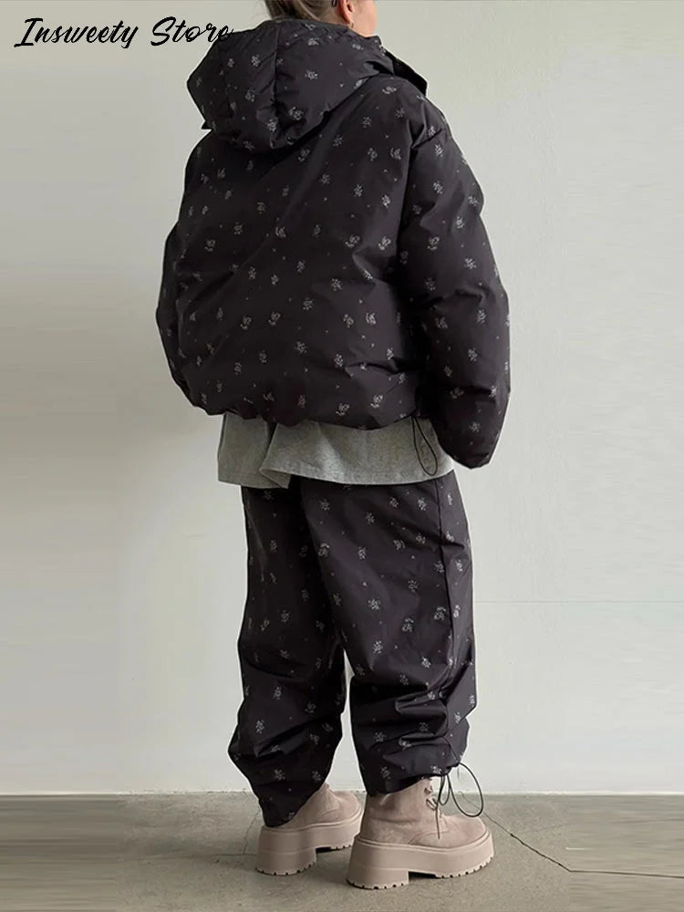 Women's Striped Puffer Coat & Wide Leg Pants Set – Warm Winter Outfit