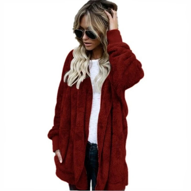 Women's Double Fleece Hooded Cardigan Jacket – Warm Oversized Coat