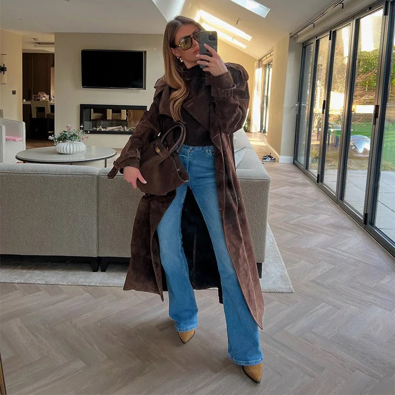 Women's Vintage Suede Belted Trench Coat – Retro Windbreaker Outerwear