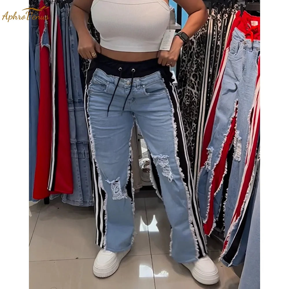 Women's High Waist Ripped Color block Wide Leg Jeans – Streetwear Denim