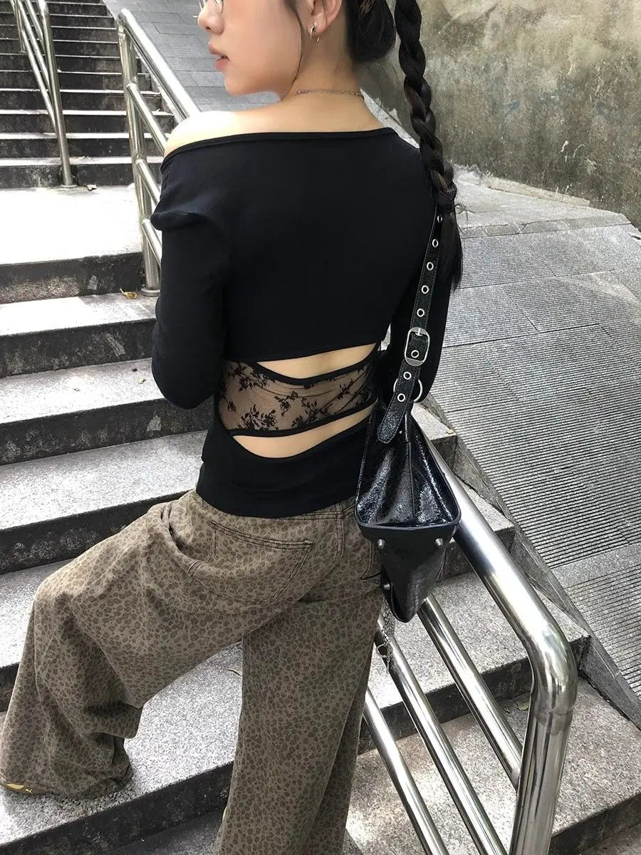 Women's Vintage Y2K Hollow Out Crop Tee – Japanese Aesthetic Streetwear Top