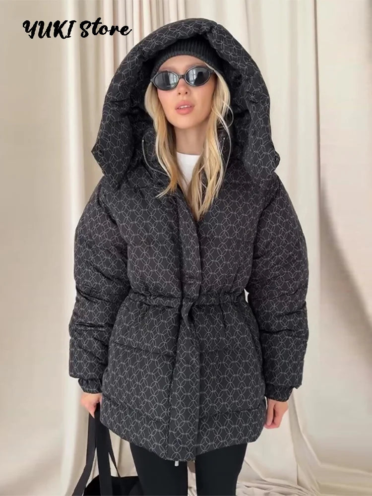 Women's Printed Hooded Down Jacket – Slim Thicken Quilted Winter Coat