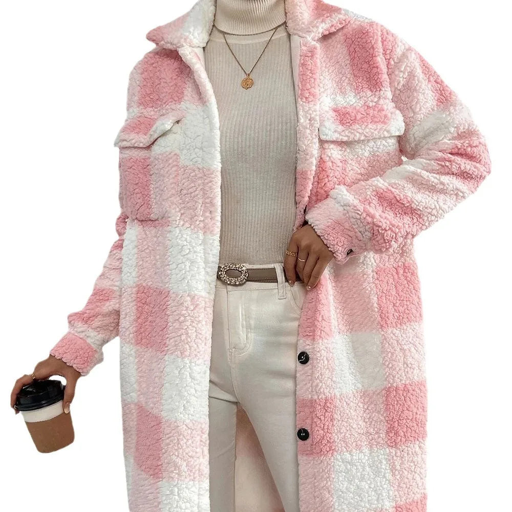 Women's Long Plaid Fleece Trench Coat – Oversized Button Pocket Winter Coat