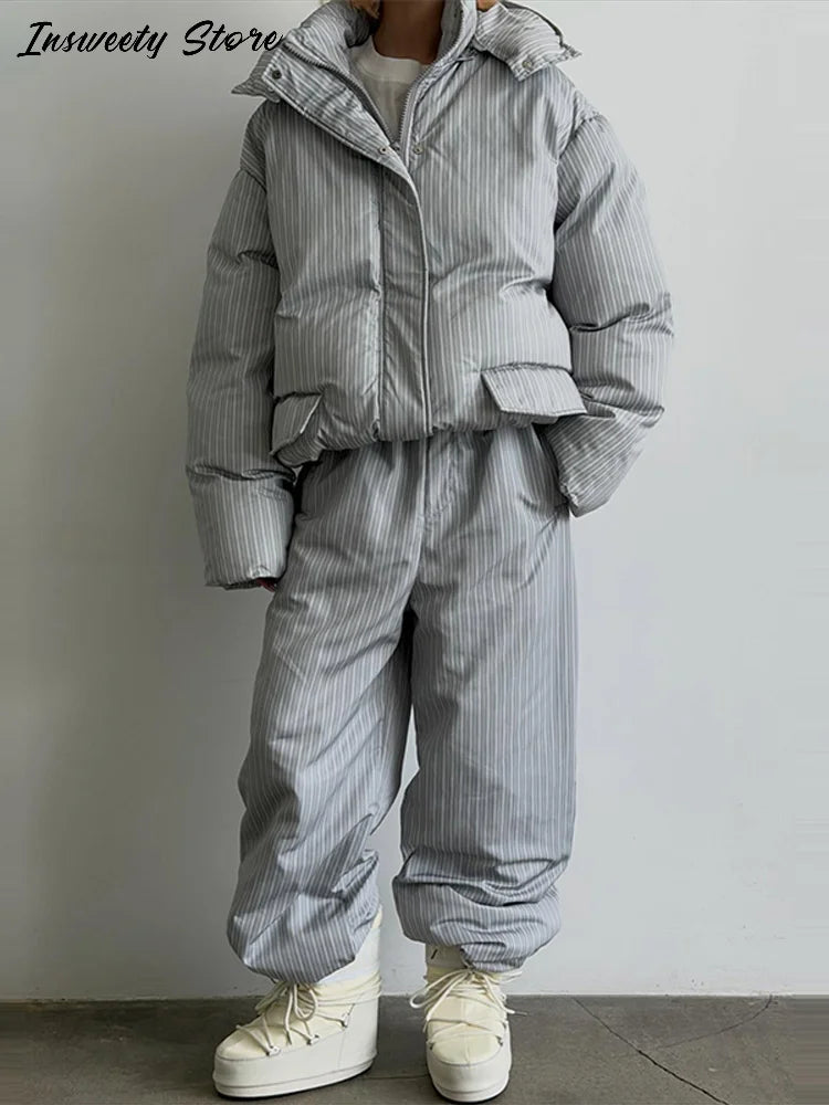 Women's Striped Puffer Coat & Wide Leg Pants Set – Warm Winter Outfit