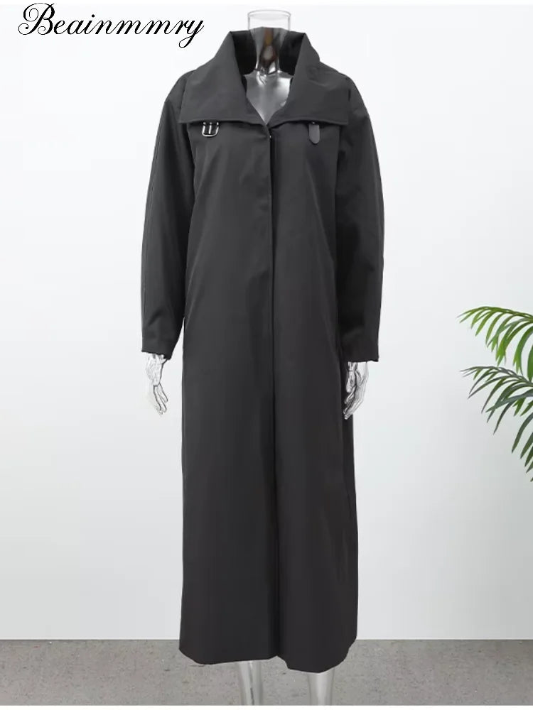 Women's Long Black Windbreaker Trench Coat – Loose Stand Collar Outwear