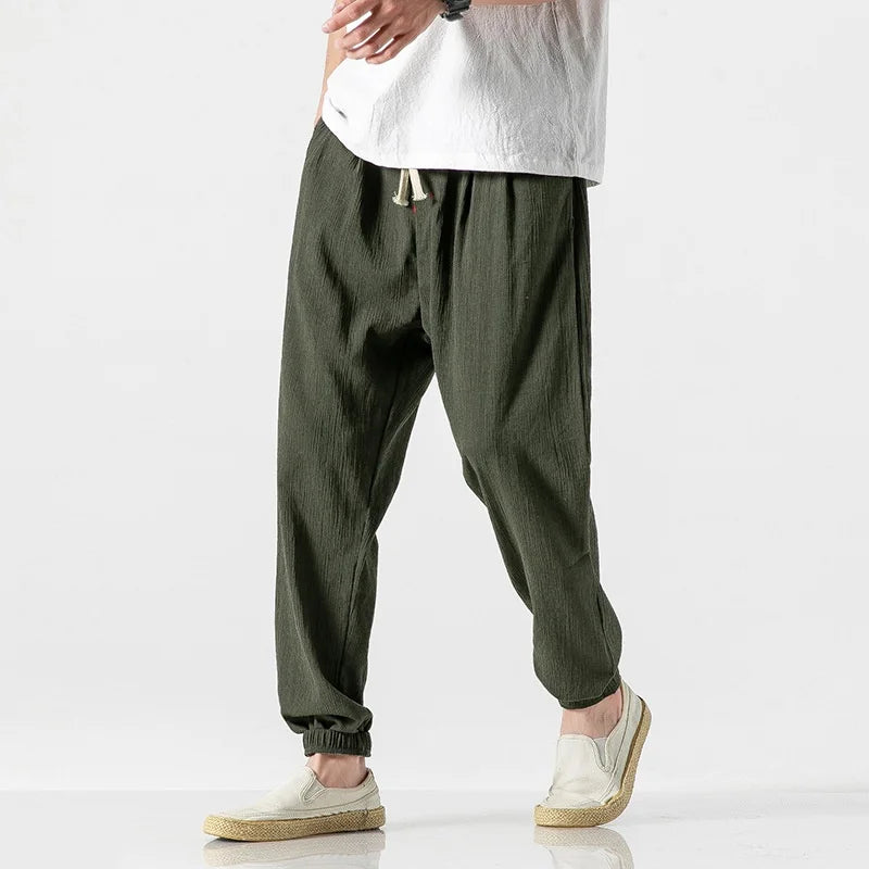 Men's Cotton Linen Harem Jogger Pants – Drawstring Casual Streetwear Spring Autumn