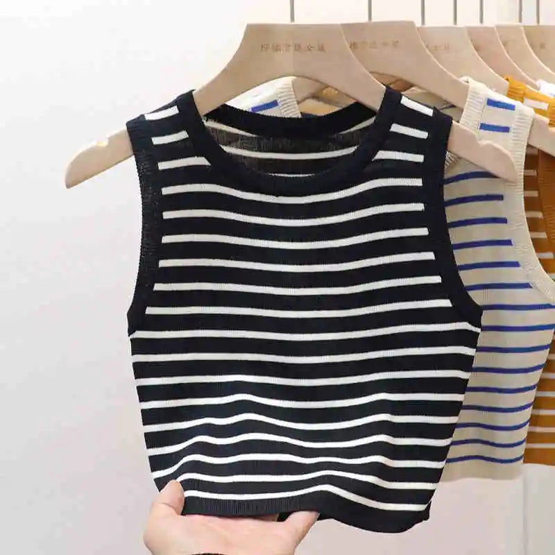 Women's Striped Ice Silk Knit Crop Top – Slim Fit Sleeveless Camisole