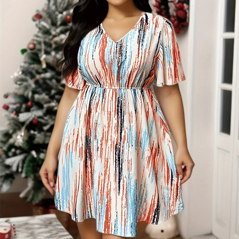Women's Plus Size Striped V-Neck Dress – Casual Elastic Waist Resort Dress