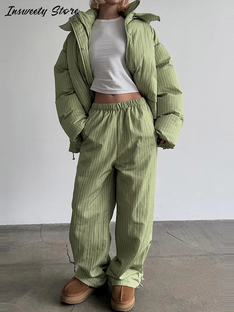 Women's Striped Puffer Coat & Wide Leg Pants Set – Warm Winter Outfit