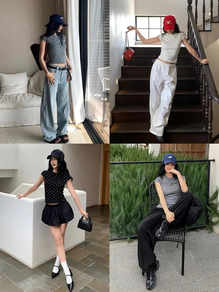 Women's Polka Dot Slim T-Shirt – Korean Vintage Y2K Streetwear Top