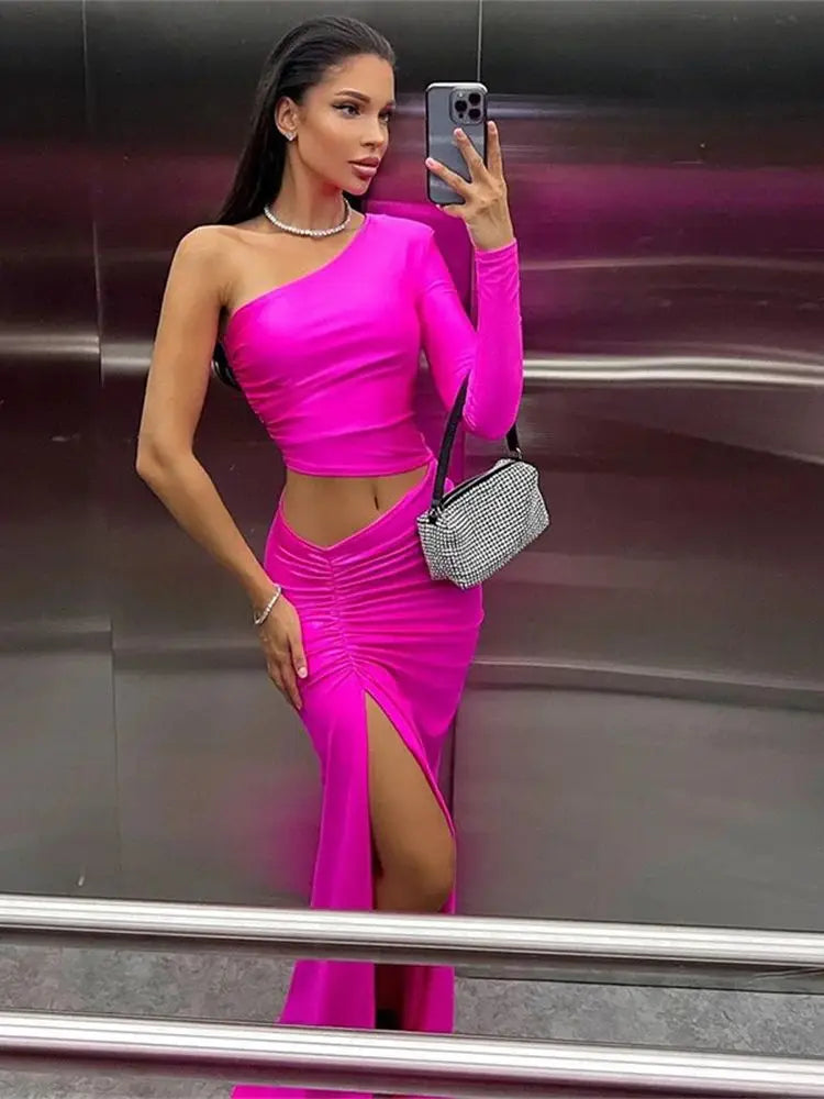 Women's One Shoulder Ruche Maxi Dress – Elegant Party Prom Gown