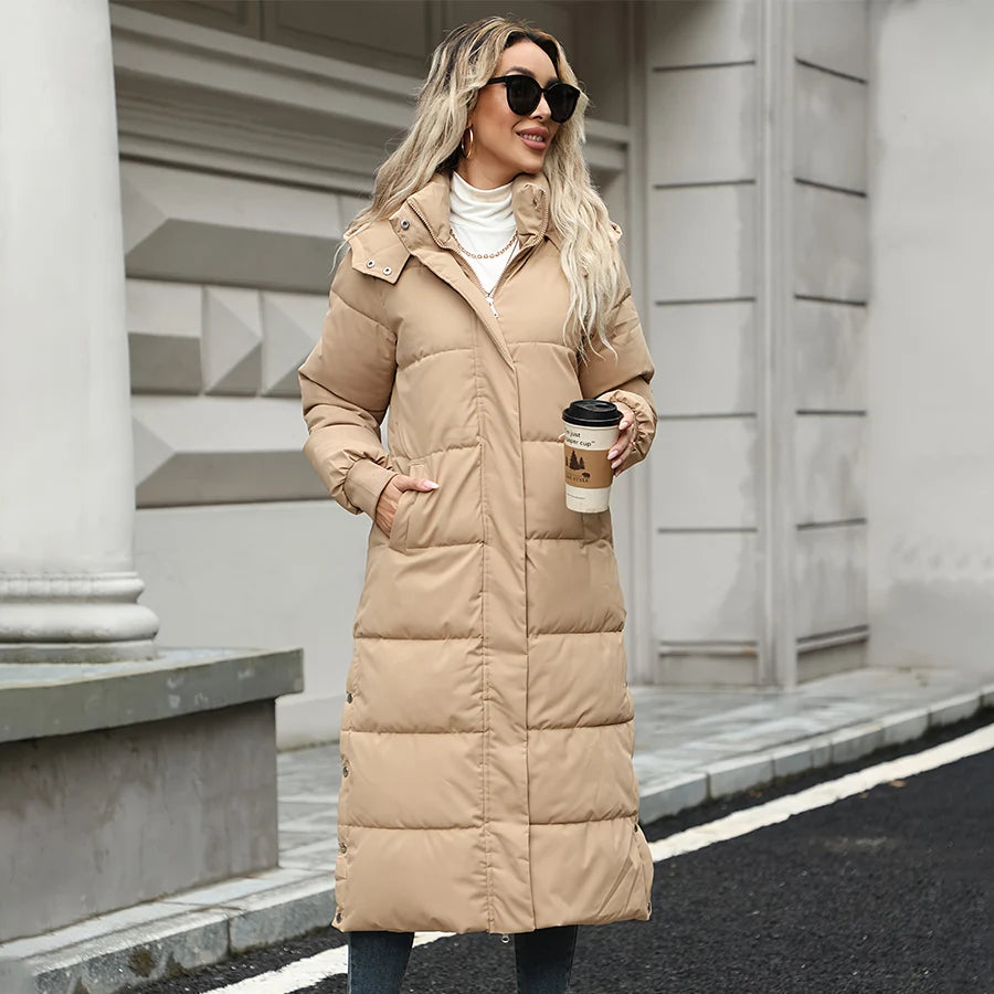 Women's Hooded Long Zip Coat – Elegant Full-Zip Winter Outerwear