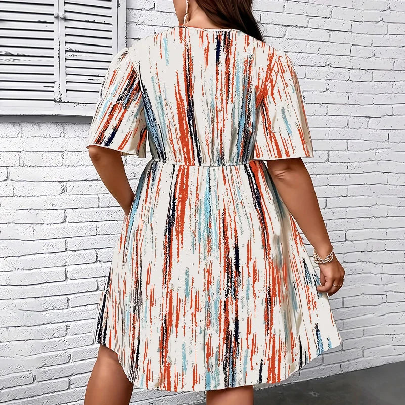 Women's Plus Size Striped V-Neck Dress – Casual Elastic Waist Resort Dress